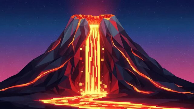 Low Poly Volcano Animation: A Stylized Eruption Against a Starry Night Backdrop