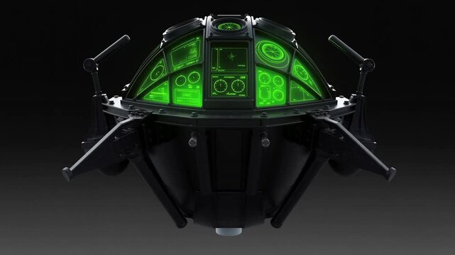操舵パネルと計器盤が3Dプリントで構築される黒鉄と緑色の重厚な機械背景