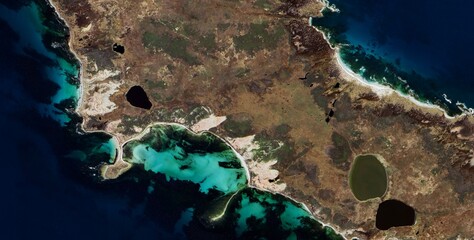 Islas Malvinas (Falkland Islands) — Vivid Turquoise Lagoon Satellite View Multicolor Lakes and Arid Coastal Moorland © Aerial View