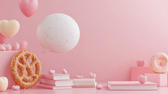 3D romantic pink scene with pretzel donut books and large speech bubble with copy space for valentines day message and bakery cafe marketing