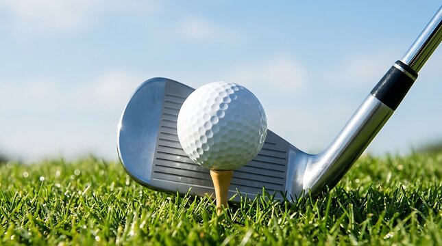 Golf ball on tee with iron club on green grass