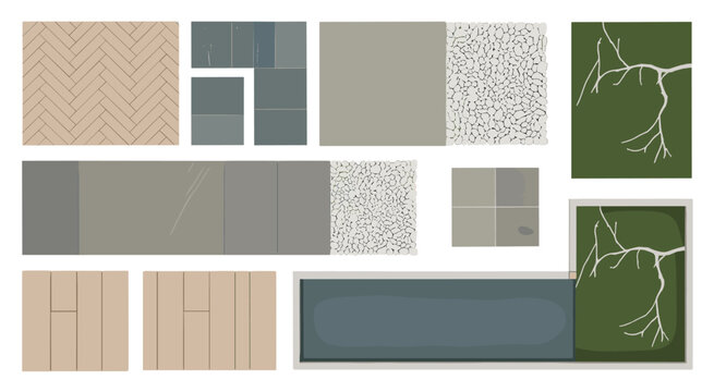 Collection of various textures and patterns including wood grain herringbone and pebble mosaic parquet