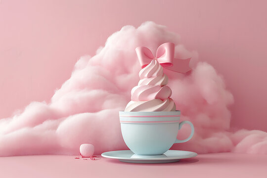 3D swirled cream in teacup with pink bow and cotton candy cloud background for gourmet dessert cafe promotion and dreamy celebration party design