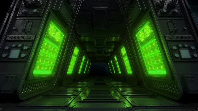 3Dプリントで構築される鉄の計器盤と緑色のデータが同期する重厚な機械背景
