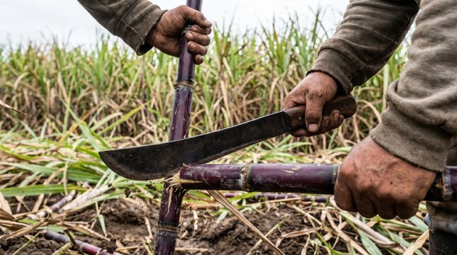 Agricultural worker holding a thick stalk of purple sugarcane and chopping it with a heavy machete