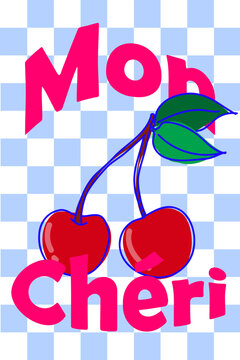 Mon Cheri Retro Typography Poster Blue Checkerboard Wall Art Cherry Vector
