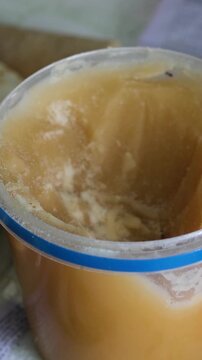 In a simple rural wooden house interior, a plastic bucket of honey stands near flatbread on a table. Small insects are visible around the sweet food, creating a natural but unclean food storage.