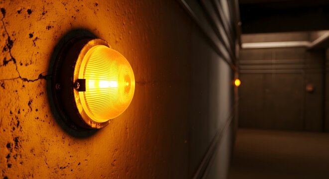 Glowing round bulkhead wall lamp illuminating a concrete hallway at night.