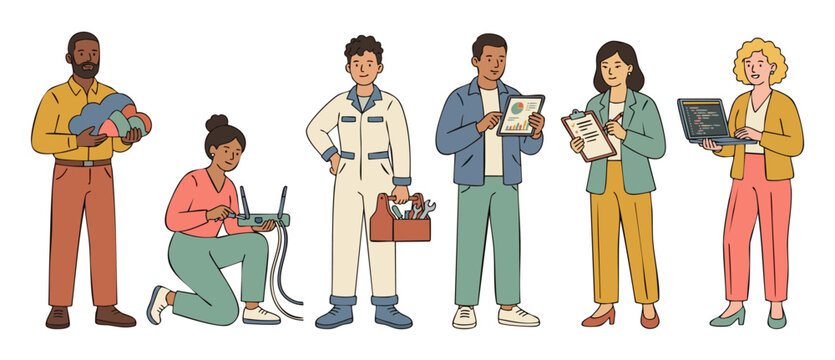 Diverse Professional Team Working Together, IT support and digital business experts with tools, cloud technology, coding, and data analysis tasks in a modern flat line art illustration, corporate offi
