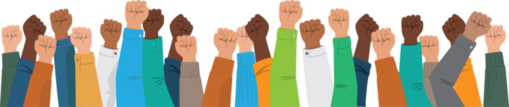 Une vague de poings lev&eacute;s surgit dans un m&ecirc;me &eacute;lan, incarnant la force collective et la diversit&eacute; des voix en lutte. Illustration vectorielle panoramique