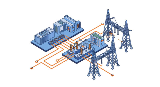 Electrical power substation transmission towers and infrastructure.