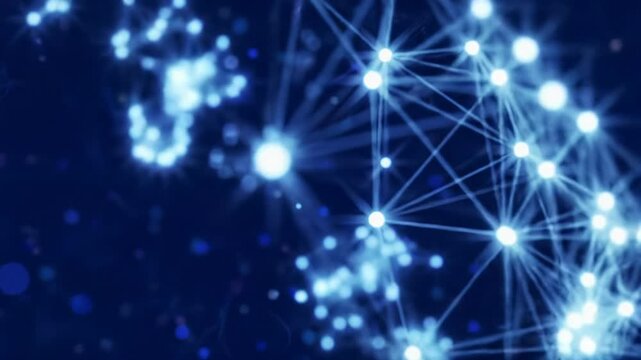 Ethereal digital light particles and nodes pulse and connect in a vast void, forming intricate patterns with electric blue and purple volumetric light, enhanced by cinematic camera movements and