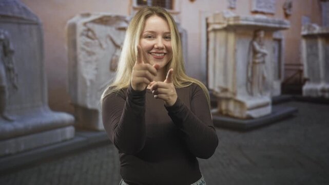 Woman pointing finger and smiling at camera near a sarcophagus and statue in a building courtyard; playful confidence.