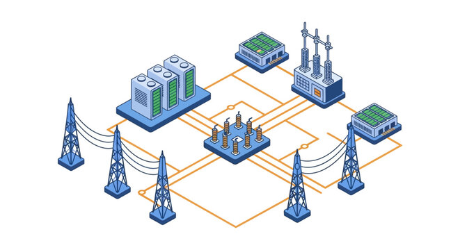 Isometric electric power grid infrastructure with substations transmission towers.