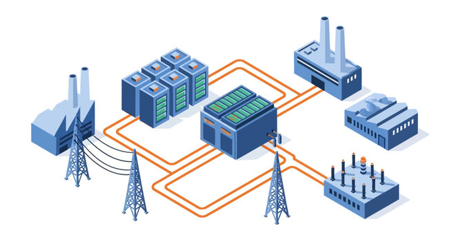 Isometric Electrical Power Grid Infrastructure Network.