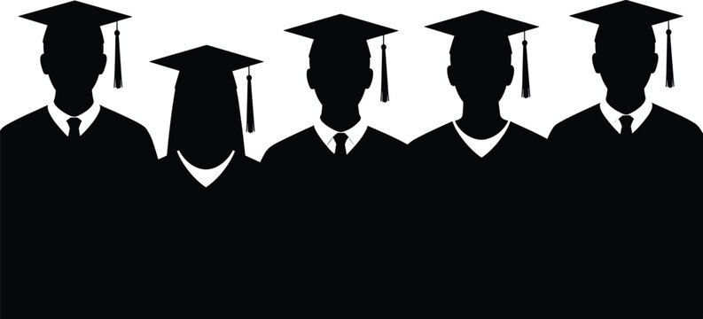 Graduate Student Silhouette Set with Group of Men and Women in Cap and Gown for Education and Graduation Ceremony Design Projects