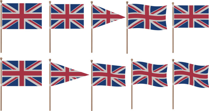 United Kingdom Flag Vector Set Featuring Union Jack On Wooden Poles In Various Shapes Including Rectangular Triangular And Waving Effects For British National Identity And Global Events