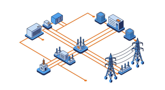 Isometric Electrical Power Grid Network Illustration Showing Infrastructure.