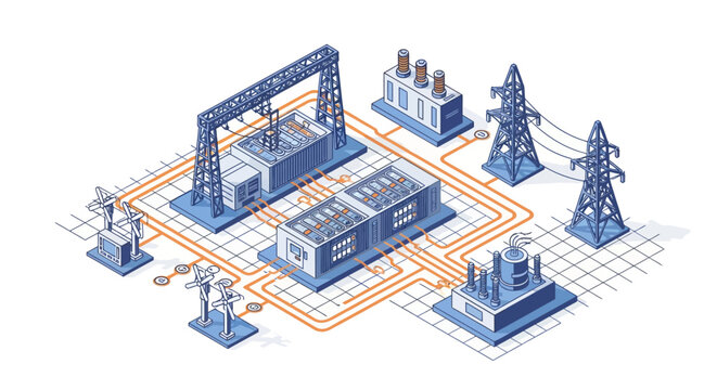 Isometric Electrical Power Grid Substation And Network.