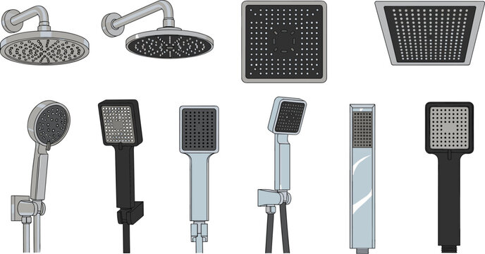 Shower Head Icon Set with Round, Square, Handheld, and Wall Mount Designs for Bathroom, Plumbing, and Interior Decor Projects