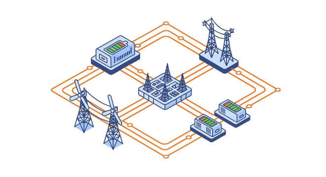Isometric electrical power grid with substations and transformers.
