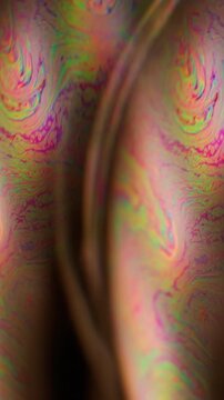 Vertical video. Blur fuel spill. Paint pigment. Orange purple green colorful rainbow bubble neon flow texture floating on abstract acrylic art background.
