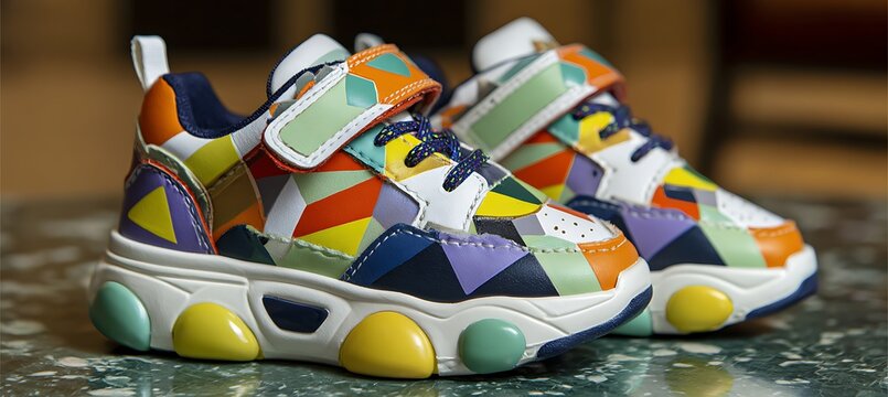 Colorful geometric patterned sneakers on textured fabric background with retro vibe
