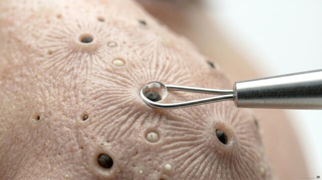 Metal tool removing blackhead from nose skin pores in macro extreme close up photography.