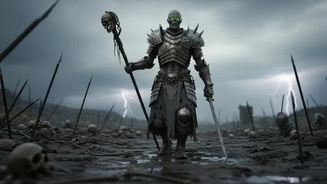 Undead Knight with Skull Staff Walks Through Skeletal Battlefield