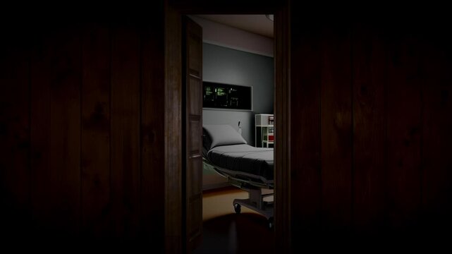 Wooden door opens to hospital room