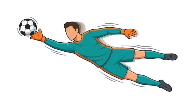 Goleiro mergulhando em c&acirc;mera lenta para defender uma bola, isolado em fundo branco.