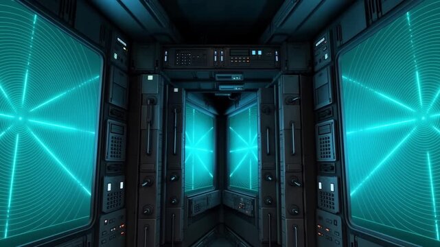 仰角で捉えた3Dプリントで構築されるチタン製制御パネルとシアン色のデータが同期する機械背景