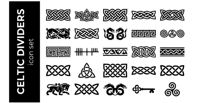 Celtic Knotwork Medieval Calligraphic Dividers-Interlace Triquetra Solomon Plait Viking Zoomorphic Dragon Triskelion Ogham-25 Separator Icon Set Vector