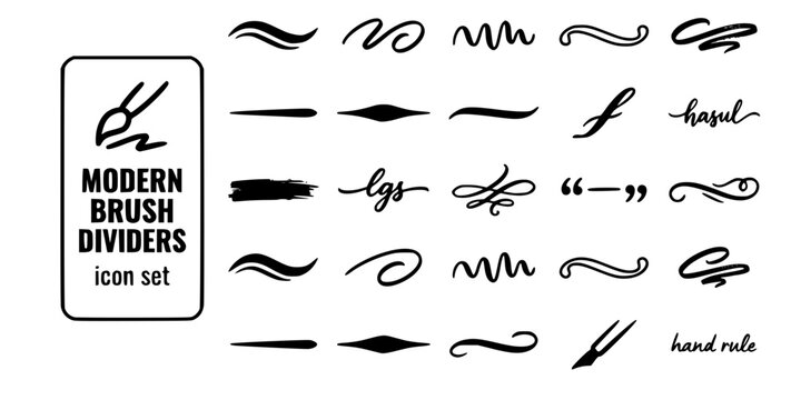 Modern Brush Calligraphy Dividers-Thick-Thin Wave Monoline Bounce Faux Gestural Swoosh Flex Nib Broad Pen Wedding Editorial-25 Separator Icon Set Vector