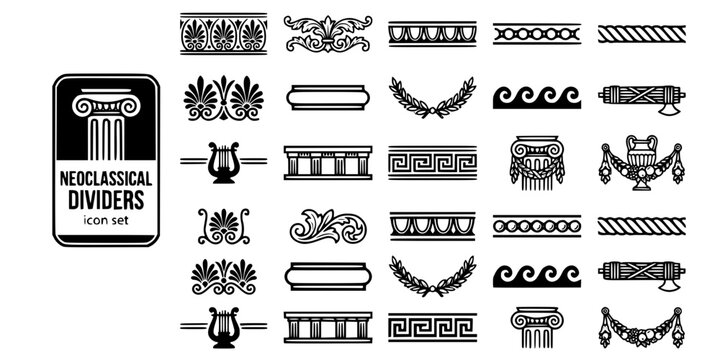 Neoclassical Empire Style Dividers-Anthemion Acanthus Egg-Dart Guilloche Palmette Laurel Fasces Lyre Greek Key Urn Wreath-25 Separator Icon Set Vector