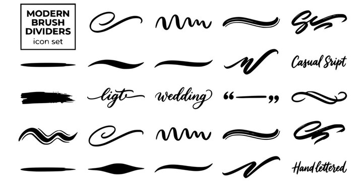 Modern Brush Calligraphy Dividers-Thick-Thin Wave Monoline Bounce Faux Gestural Swoosh Flex Nib Broad Pen Wedding Editorial-25 Separator Icon Set Vector