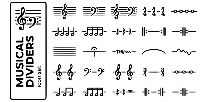 Musical Notation Rhythm Dividers-Treble Clef Bass Clef Time Signature Whole Note Quarter Eighth Rest Fermata Trill Slur Stave-25 Separator Icon Set Vector