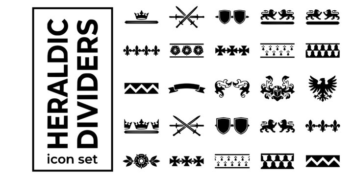 Heraldic Armorial Calligraphic Dividers-Crown Crossed Swords Shield Lion Fleur-de-lis Ermine Vair Chevron Eagle Mantling-25 Separator Icon Set Vector