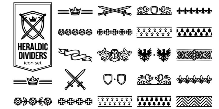 Heraldic Armorial Calligraphic Dividers-Crown Crossed Swords Shield Lion Fleur-de-lis Ermine Vair Chevron Eagle Mantling-25 Separator Icon Set Vector