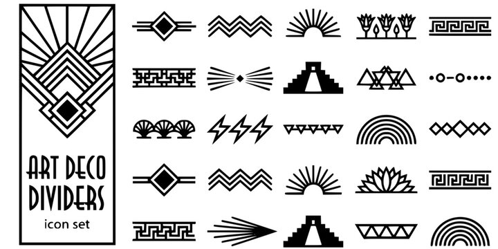 Geometric Art Deco Dividers-Diamond Chevron Sunburst Greek Key Meander Aztec Speed Lines Scallop Triangle Concentric-25 Separator Icon Set Vector