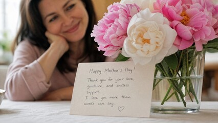 Happy Mother's Day Greeting Card with Pink Peonies Bouquet and Blurred Smiling Woman