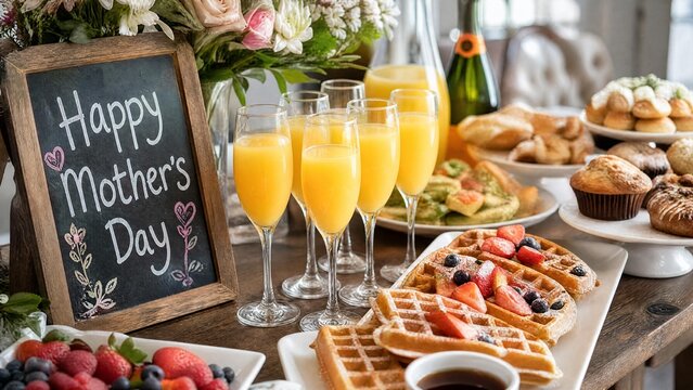 Happy Mother's Day Celebration Brunch Spread with Waffles, Mimosas, and Flowers on Wooden Table