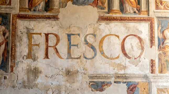 Weathered Renaissance fresco wall with large painted typography.