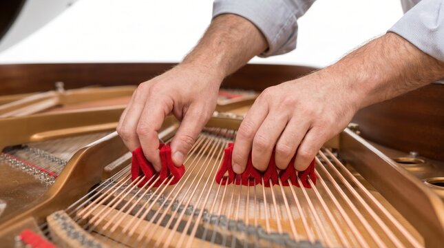 Piano tuner carefully inserting red felt temperament strips between the metal strings of a grand piano