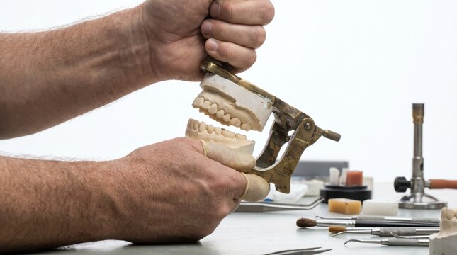 Dental technician securing plaster upper and lower teeth molds into a brass mechanical articulator tool