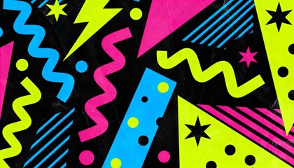 Obraz premium Retro abstract seamless pattern background featuring neon colored doodles and zigzags on black