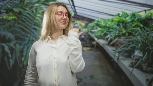 Woman with red glasses and blonde hair in white blouse points thumb over shoulder at rows of potted plants in a greenhouse building; amused curiosity.