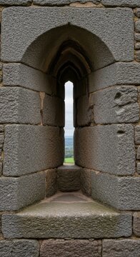Castle arrow slit opening with view of countryside