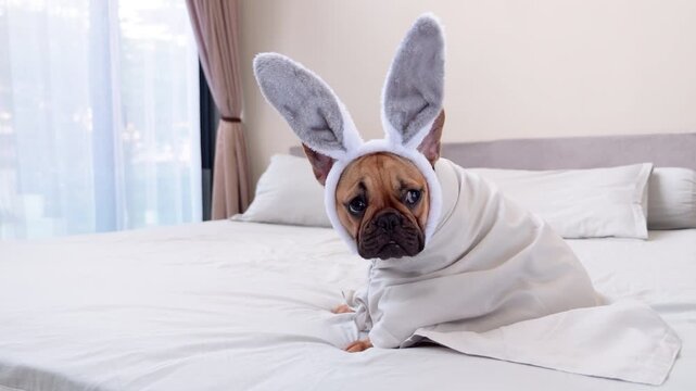 Funny French Bulldog wearing adorable bunny ears and wrapped in fabric sits on bed, glancing over her shoulder with slightly grumpy expression that contrasts humorously with her cute ears