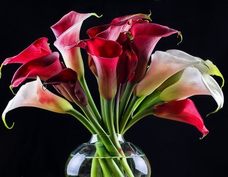bouquet of colorful calla ilies in shades of red andwhite in a vase on a blackbackground vivid colors ad elegant shapes create a eautiful contrast blur an selective focus copy spae